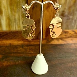 Gold Tone Stainless Steel Face Dangle Drop Earrings for Women Solid